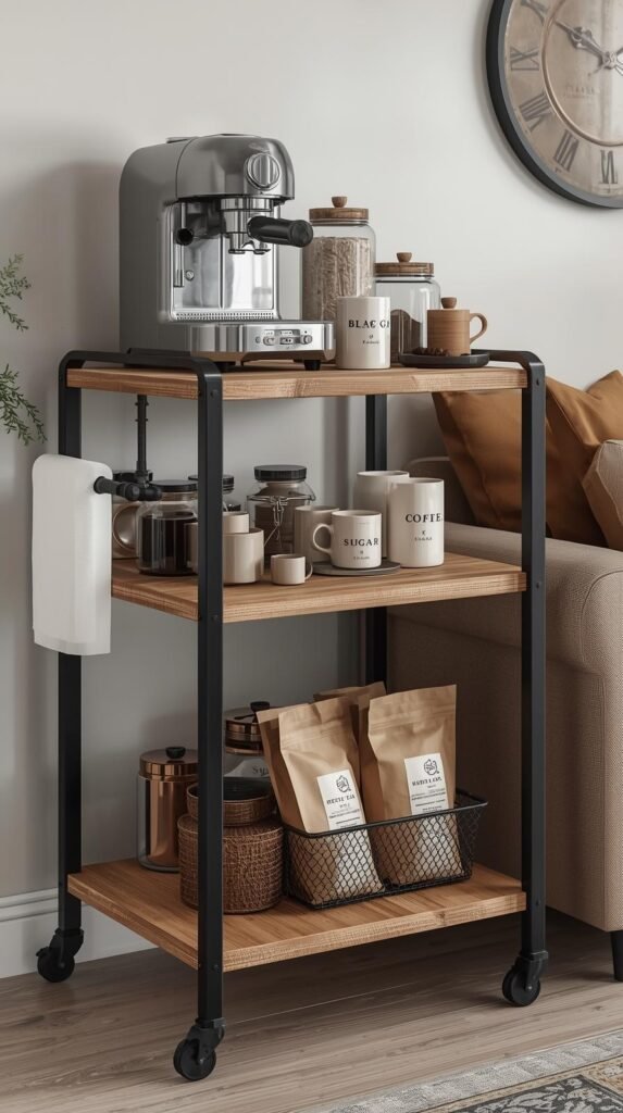A rustic-industrial coffee bar cart styled in a cozy, modern living space.