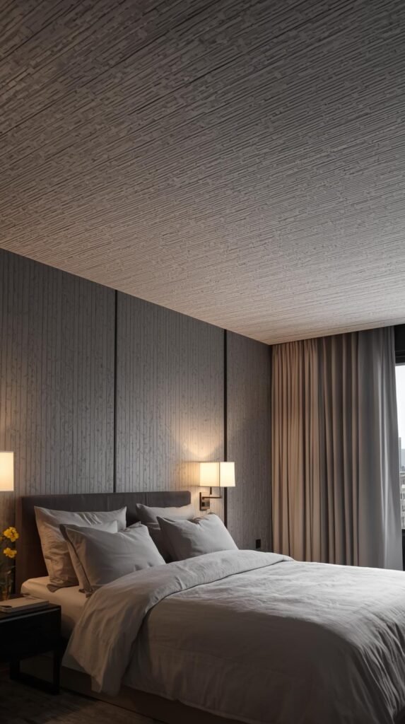 A serene bedroom with tone-on-tone gray textured wallpaper on the ceiling, linen bedding, soft neutral curtains, warm table lamps.