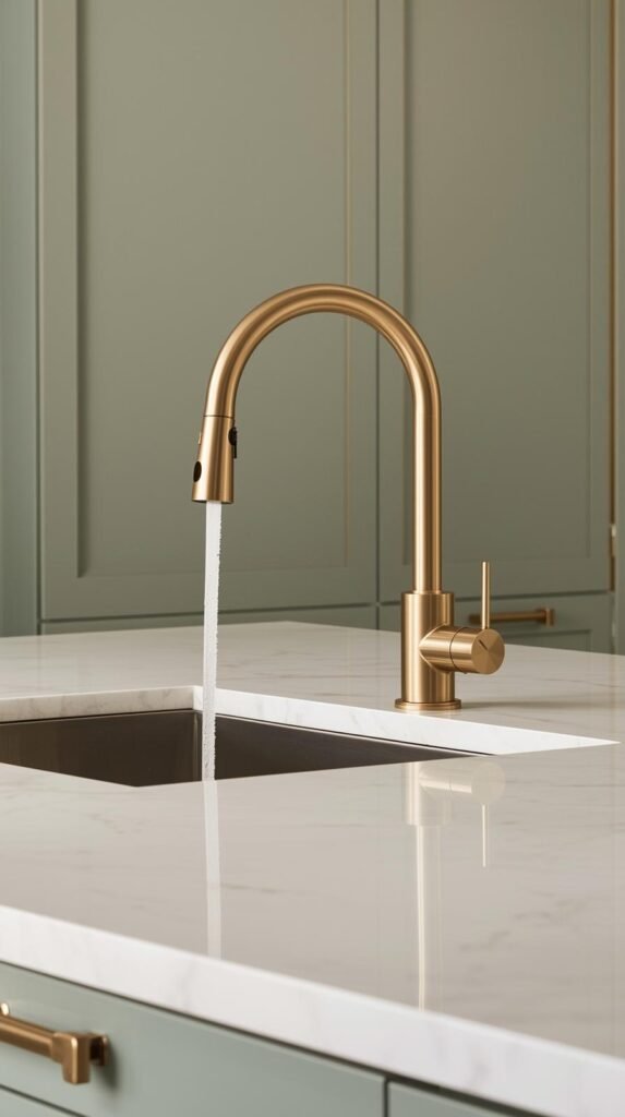 A sleek modern sink area with a brushed gold pull-down faucet, white countertop, and soft sage cabinetry.