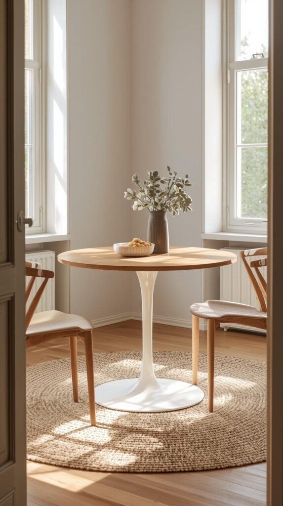 A small dining area with a round pedestal table and two slender chairs. Warm wood or marble tabletop, natural light, and a woven rug underneath.