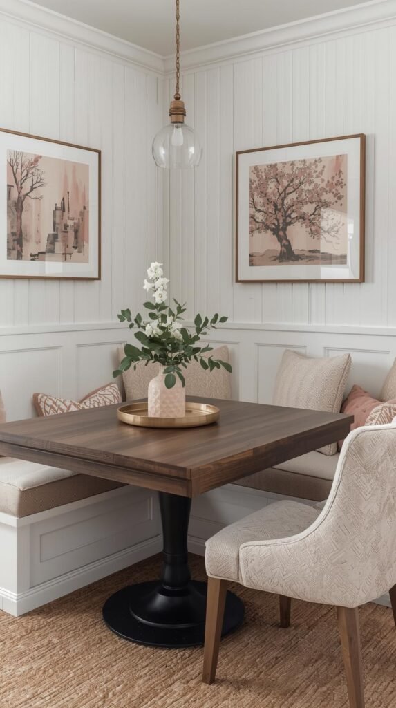 A small dining nook with beadboard or shiplap paneling behind the seating area.