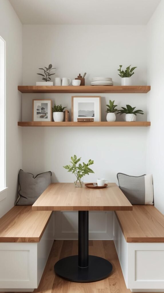 A small kitchen breakfast nook with floating wood shelves above a dining table.