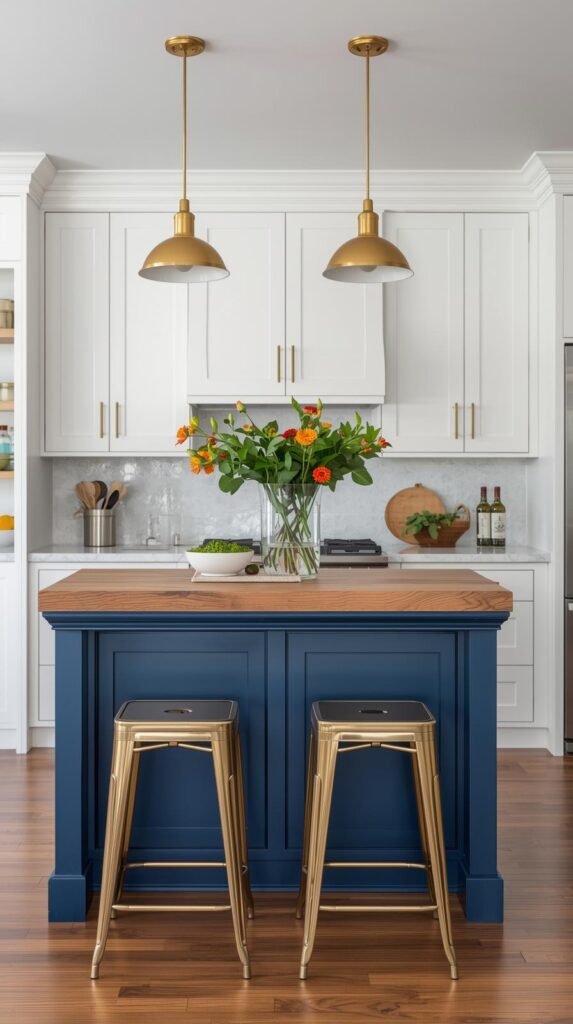 A small kitchen island painted in navy blue with a butcher block top and brass bar stools. 