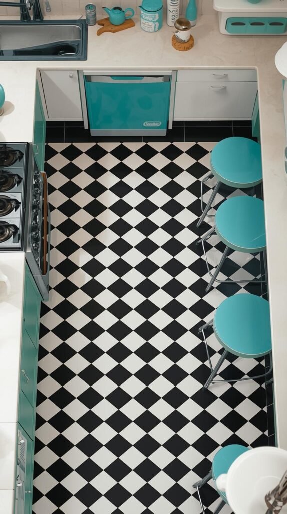 A small retro kitchen with black-and-white checkerboard tiles, white cabinetry, turquoise accents, and vintage bar stools.