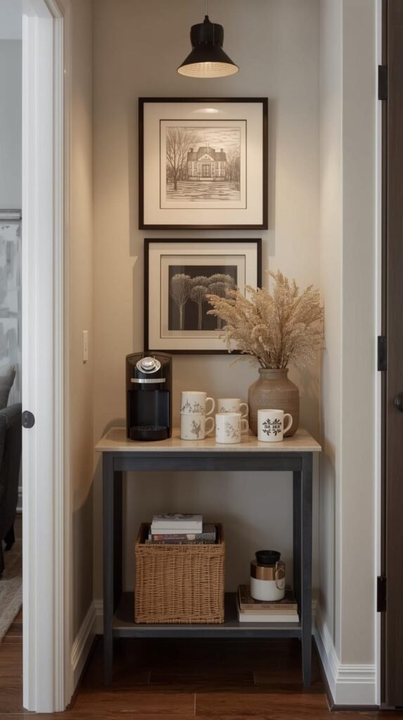 A small, unused kitchen or hallway corner turned into a cozy coffee nook.