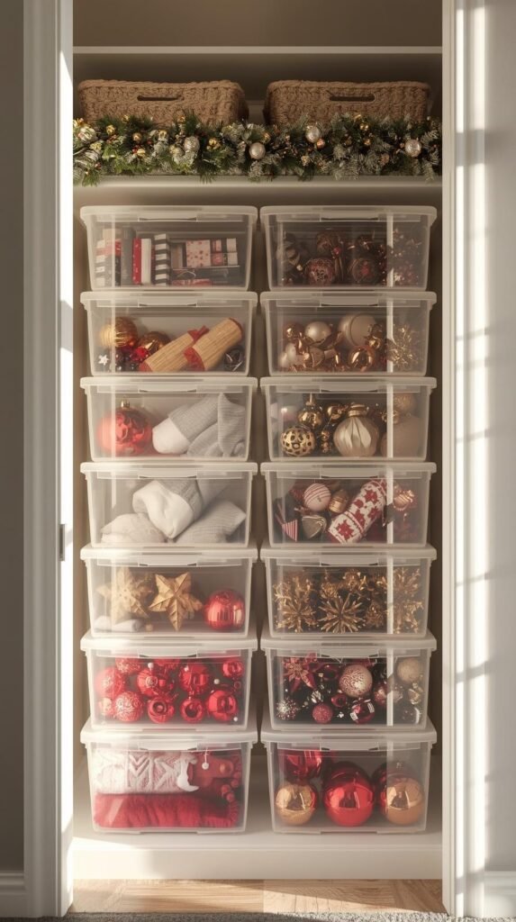 A stack of clear latching storage bins filled with holiday décor stockings, garlands and ornaments.