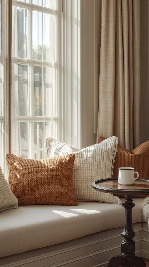 A sunlit window seat with a cushioned bench, soft throw pillows, and a small side table holding a coffee mug.