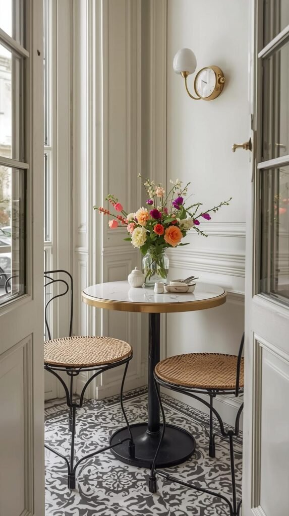 A tiny dining nook styled like a Parisian café. 