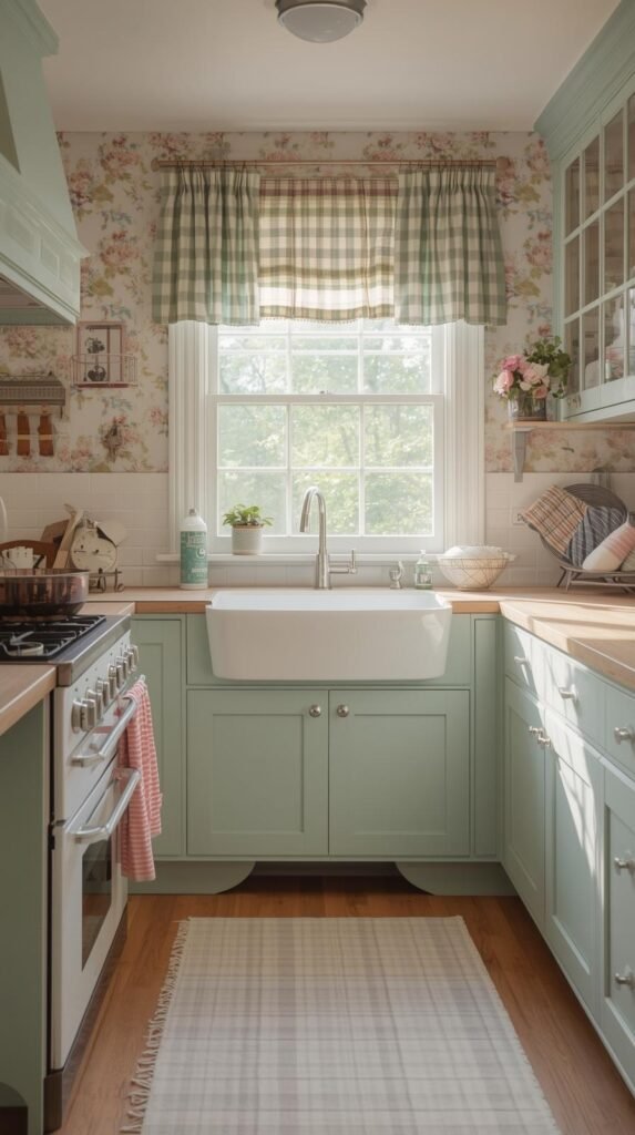 A vintage kitchen featuring floral wallpaper, gingham curtains, and a checkered rug. 