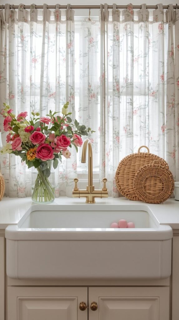 A white apron-front farmhouse sink with a brass faucet and floral-patterned curtains below. 