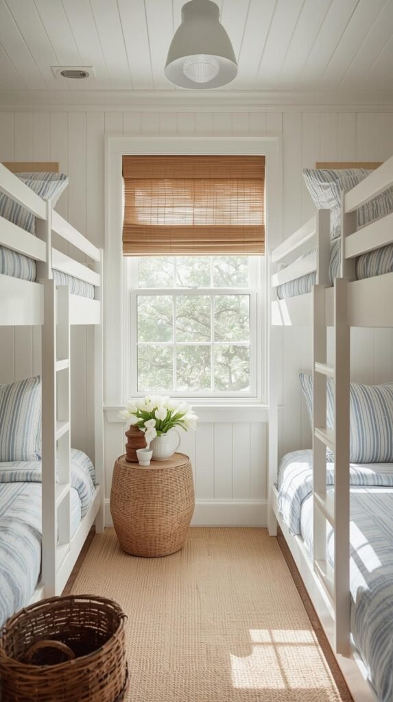 Airy beach house bunk room with white shiplap walls, blue-striped linens, woven rattan baskets.