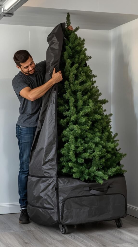 Artificial Christmas tree being zipped into a rolling tree storage bag, wheels visible at the bottom.