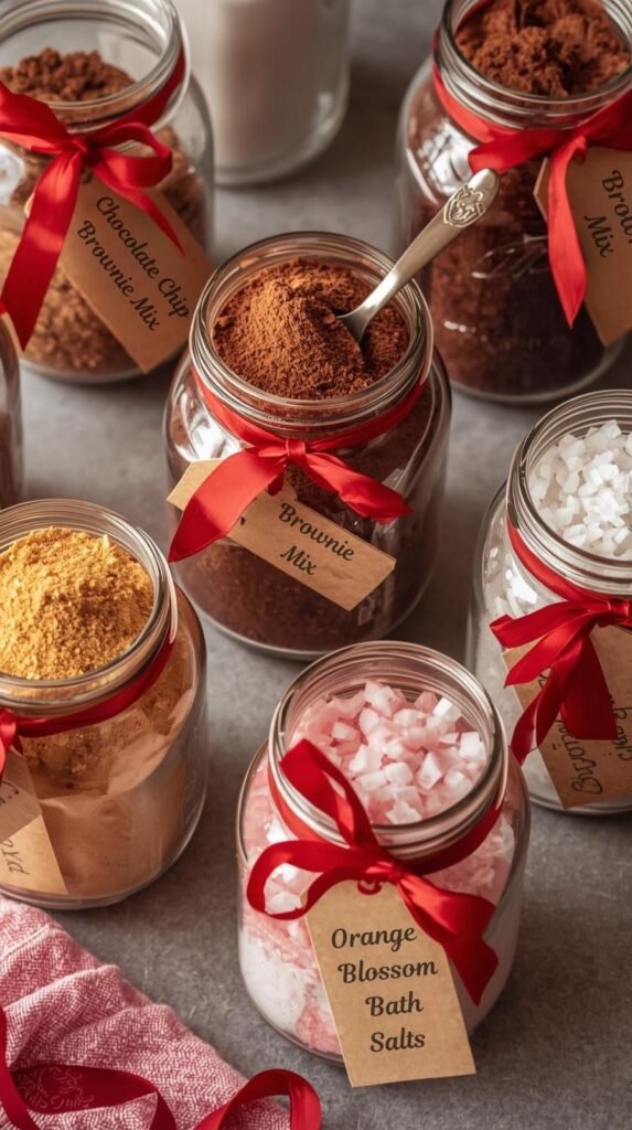 Assorted mason jars filled with cookie mix, cocoa mix, and bath salts, decorated with kraft tags, red bows, and mini spoons.