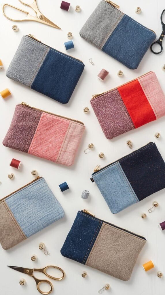 Assorted mini zipper pouches sewn from cotton, denim, and canvas fabric scraps, color-blocked designs, gold zippers.