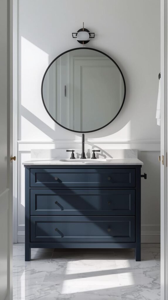 Bathroom vanity featuring a large round black framed mirror, matte black faucet, marble style countertop.