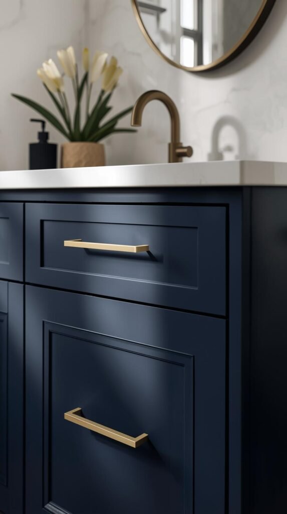 Bathroom vanity with brushed brass cabinet pulls installed on a deep navy surface.