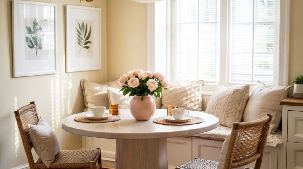 A cozy breakfast nook styled with framed art, a ceramic vase of flowers, and soft boucle cushions.