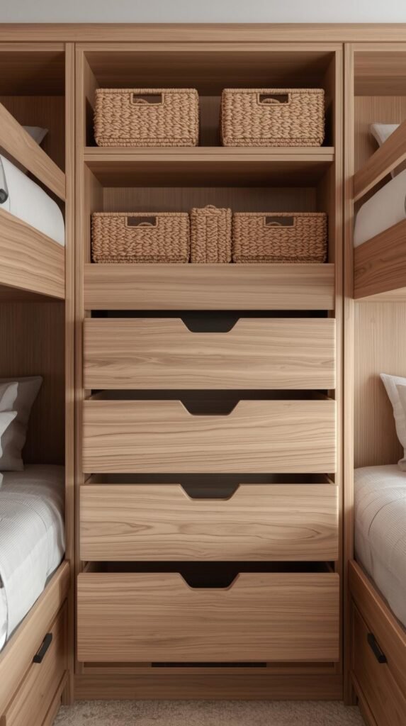 Built-in wooden bunks with deep pull-out drawers, woven storage bins, matte black hardware, and a neutral palette emphasizing organization and symmetry.