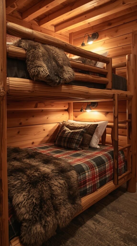 Bunk beds with plaid flannel bedding, faux fur throws, and ambient amber lighting in a cozy cabin.