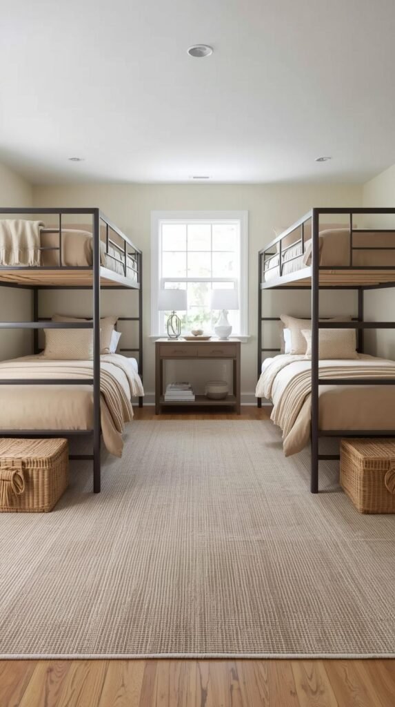 Spacious family bunk room with two full-over-full bunks, tan bedding, woven baskets at the foot of each bed.