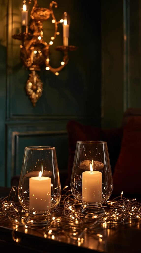 Candlelit living room scene highlighting brass wall sconces, glass hurricane candle holders, and warm white fairy lights.