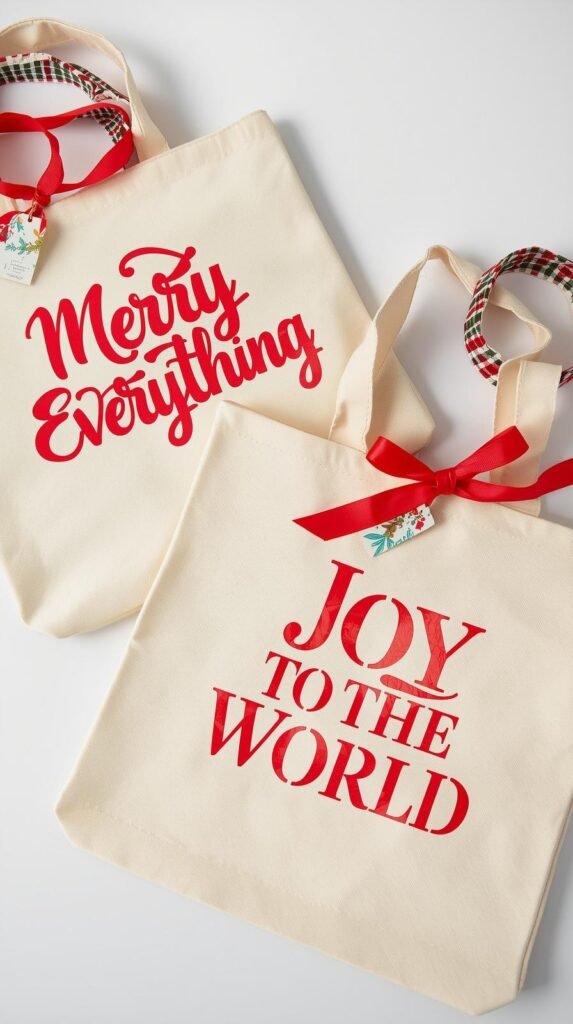 Canvas totes with bold vinyl designs reading “Merry Everything” and “Joy to the World,” folded neatly with ribbon and tags.