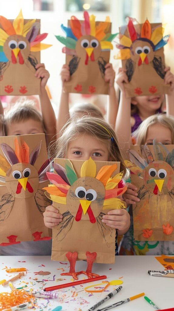 Children holding up decorated brown paper bag turkeys with colorful paper feathers and googly eyes.