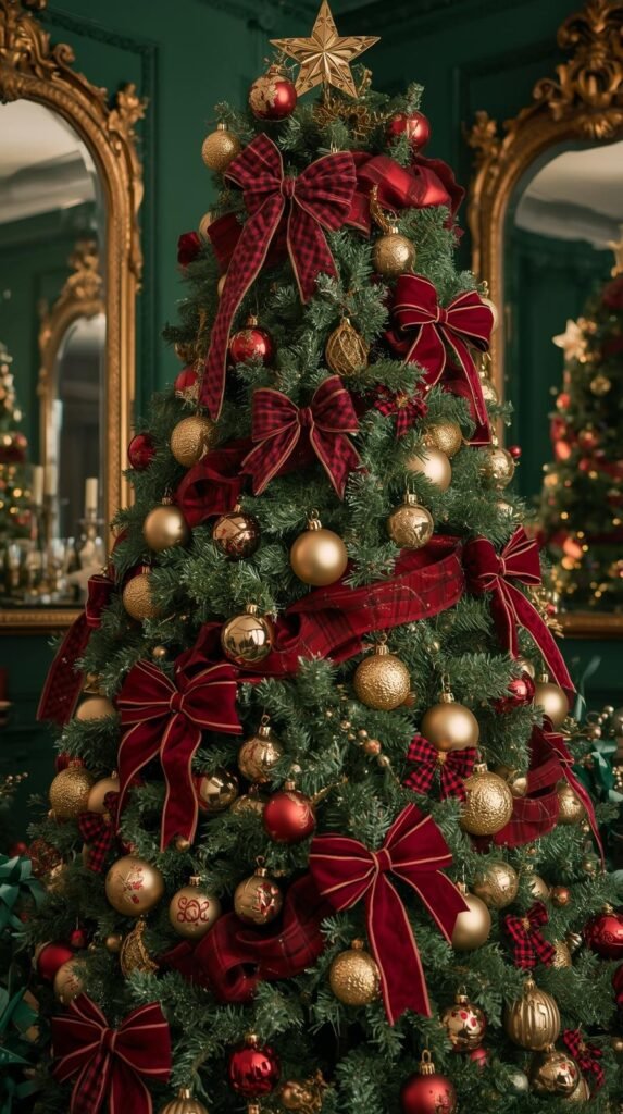 Classic Ralph Lauren Holiday Aesthetic Christmas tree with velvet burgundy ribbons, gold and red ornaments, and plaid bows.