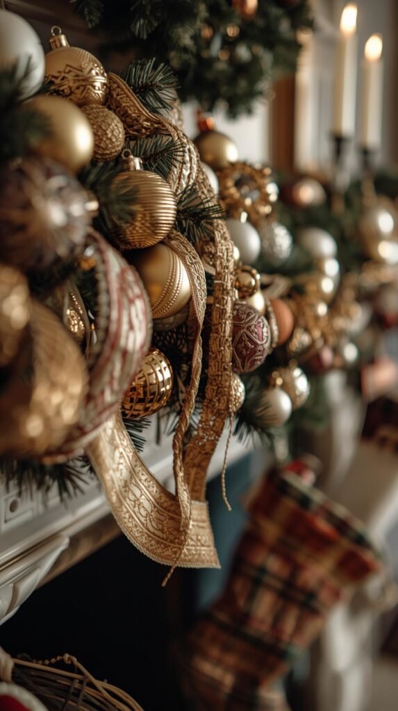 Close-up of a garland made from vintage ornaments and ribbon draped across a fireplace mantel with stockings and candles.