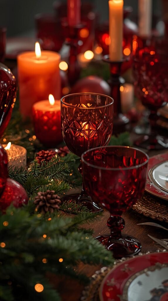 Close-up of amber and ruby red vintage glassware arranged on a holiday table with candles and evergreen branches, giving off a warm, nostalgic glow.