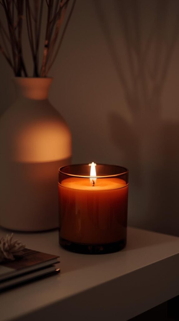 “Close-up of amber or vanilla winter candle burning on a side table, warm glow reflecting on neutral decor.