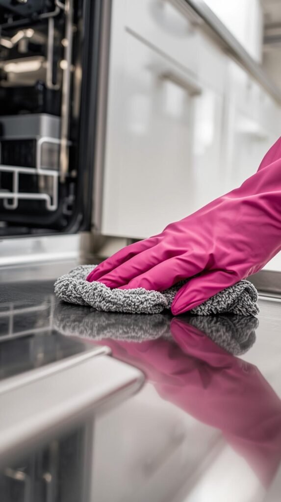 Close-up of hands wearing pink cleaning gloves wiping the dishwasher seal with a microfiber cloth. Stainless steel door slightly open, neutral modern kitchen background.