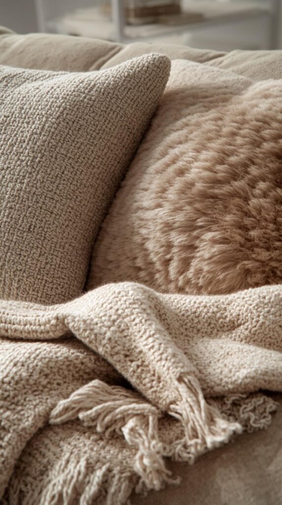 “Close-up of winter textures on sofa boucle pillow, faux fur throw, wool blanket layered together.