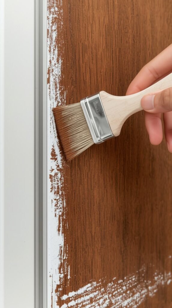 Close-up shot of hands applying liquid wood onto a cabinet door with a foam brush.