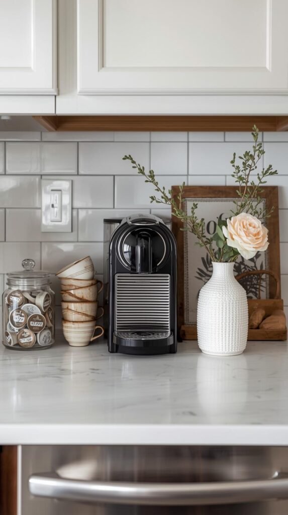 Charming farmhouse-style coffee station on a white kitchen countertop with subway tile backsplash.