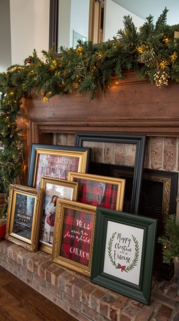 Collection of thrifted picture frames painted gold and black, filled with Christmas printables.