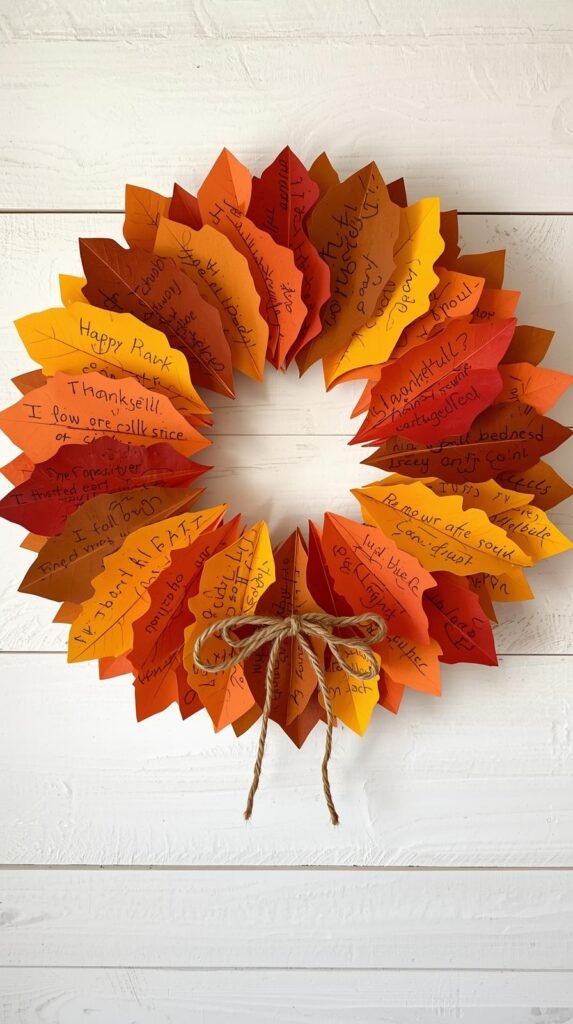 Colorful paper leaf wreath on a wall, each leaf labeled with thankful messages. 