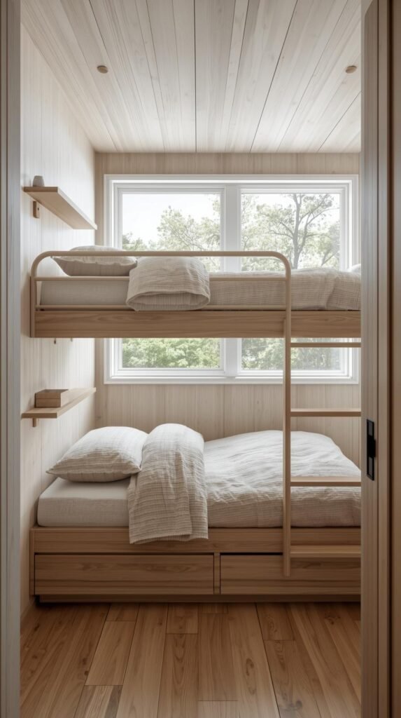 Compact bedroom with twin-over-twin bunk beds, floating shelves, light linen bedding.