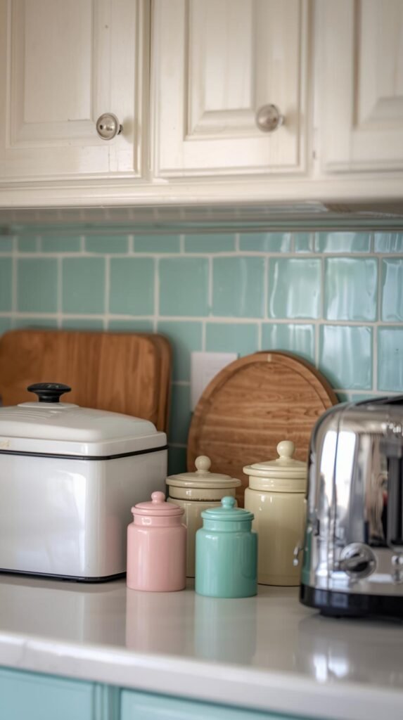 Countertop vignette with enamel bread box, retro kitchen scale, pastel canisters, and chrome toaster. 