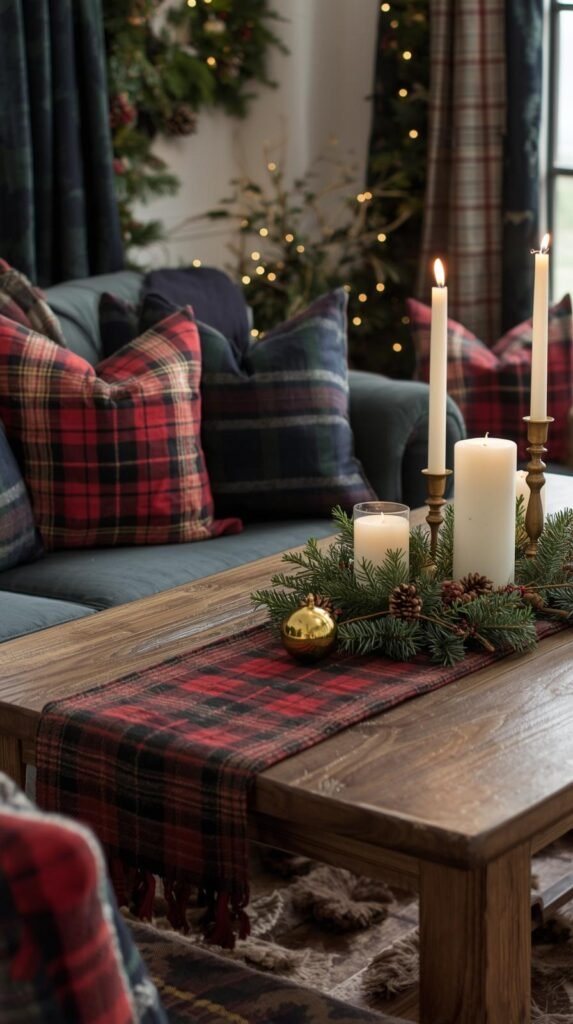 Cozy Christmas sitting area featuring vintage plaid throws, tartan pillows, and a plaid table runner on a rustic wooden table. Mix of forest green, navy, and red patterns under soft holiday lighting.