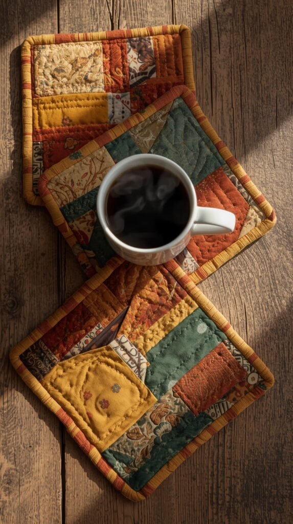 Cozy quilted mug rugs made with warm-toned patchwork fabric scraps.