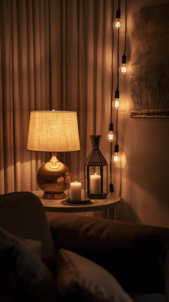 “Cozy winter living room with warm ambient lighting, gold table lamp glowing, candles and lanterns on side table.