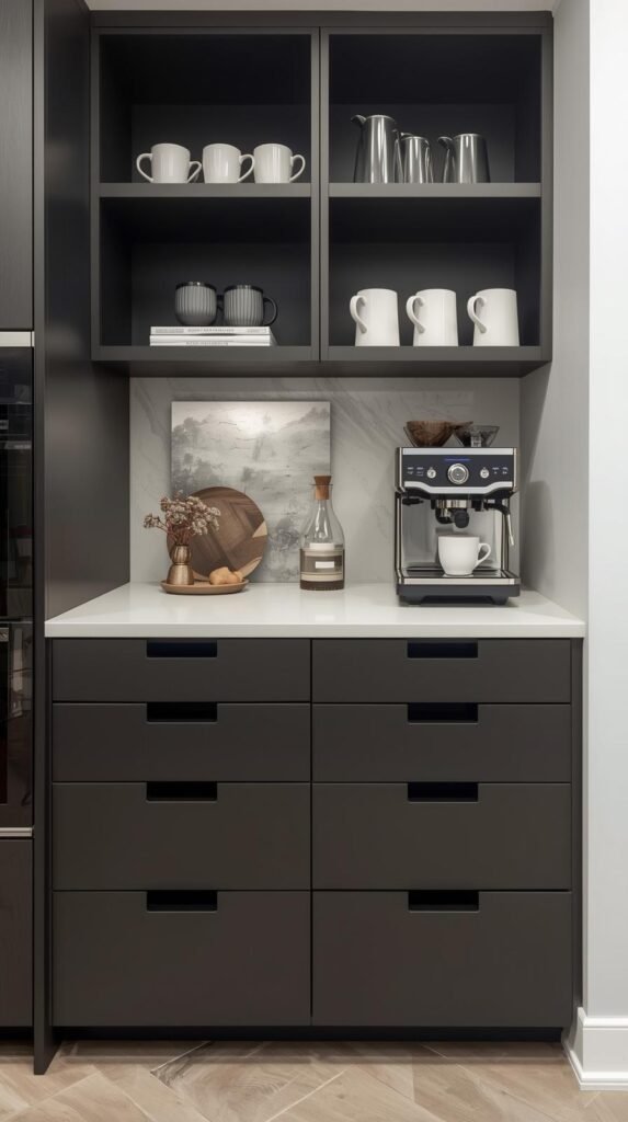 Custom cabinet coffee bar with built-in drawers and upper shelving.