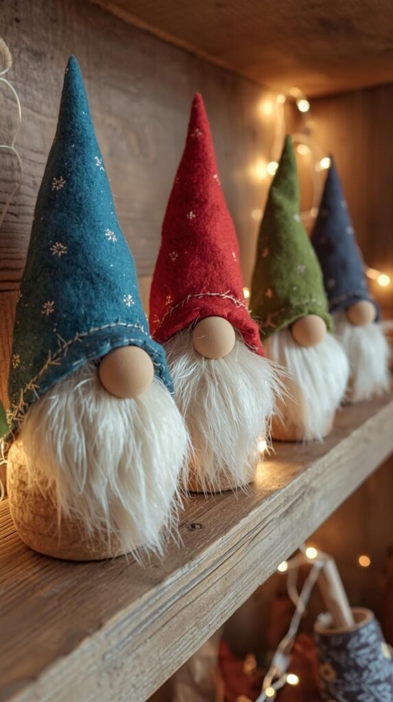 Cute handmade gnomes with felt hats, faux fur beards, and wooden noses displayed on a shelf with twinkling fairy lights.