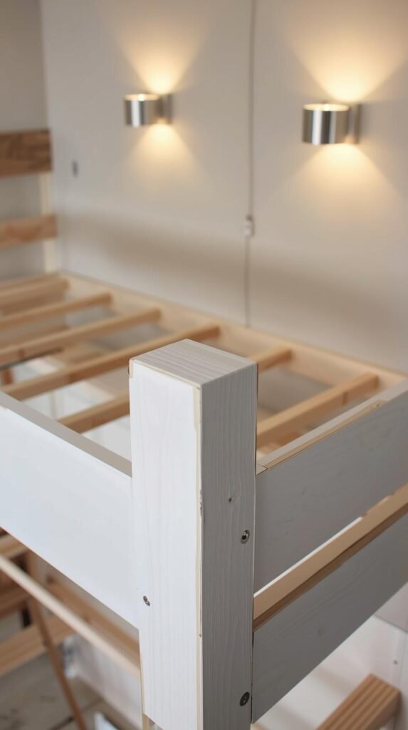 DIY bunk bed makeover painted white frame, trim being added, cordless wall sconces.