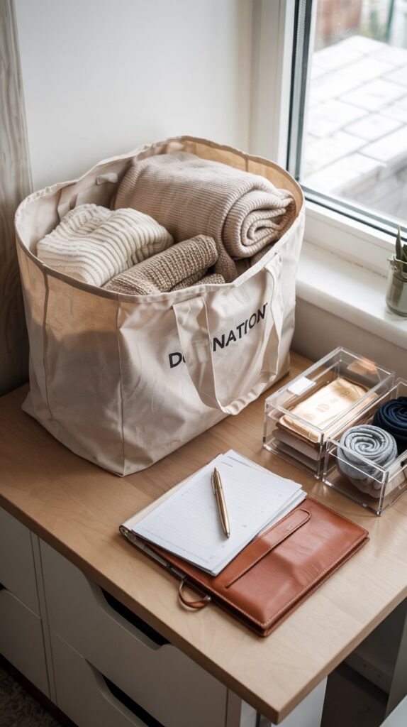 Decluttering essentials donation bag, planner, and organized drawer dividers.