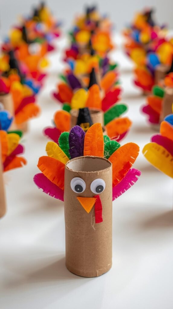 Decorated toilet paper rolls turned into turkeys and pilgrims on a kids’ craft table. Felt hats, googly eyes, and colorful feathers arranged neatly.