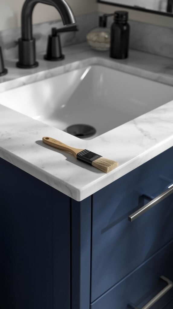 Deep navy bathroom vanity with a smooth satin finish, paintbrush resting on the edge, modern matte black faucet.
