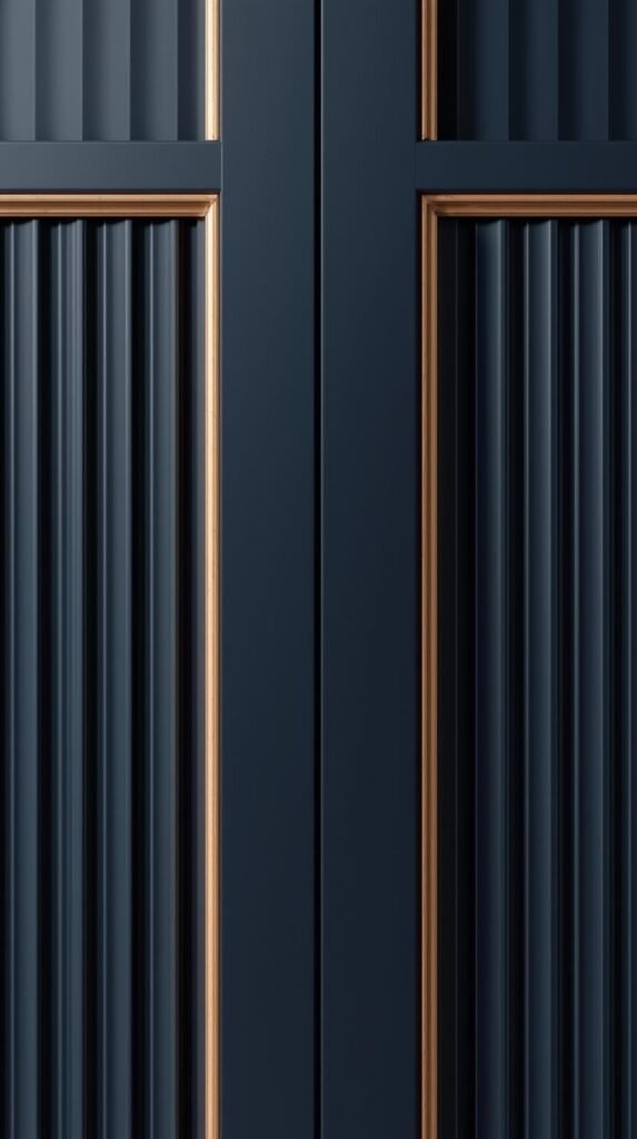 Deep navy vanity with vertical fluted wood trim added to the doors, close-up on the texture.