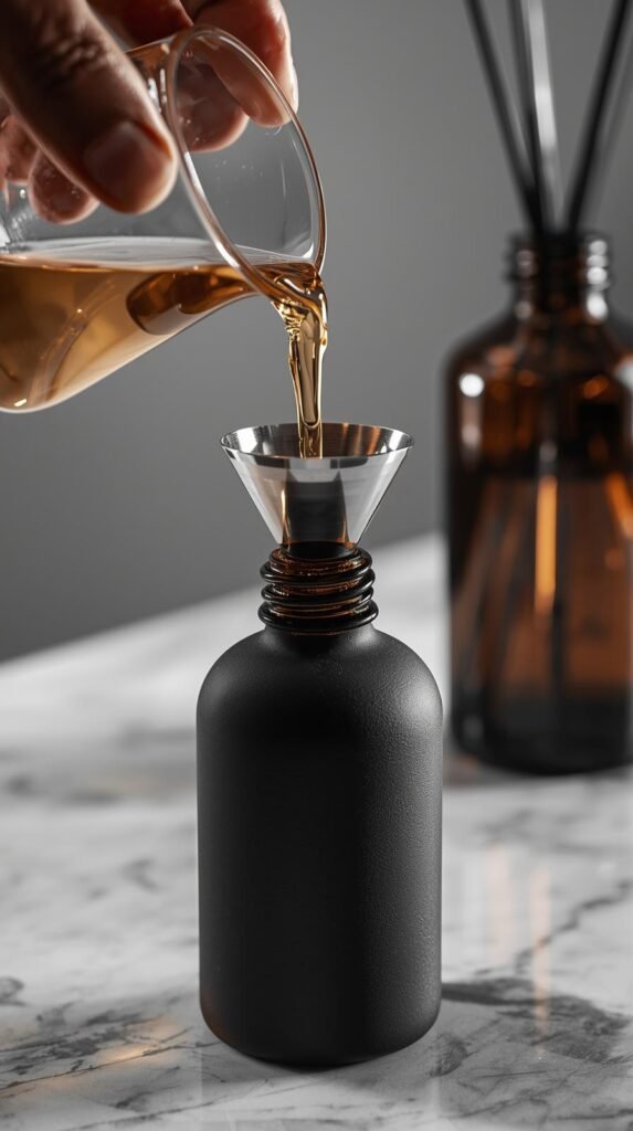 Diffuser liquid being poured into a matte black or amber glass bottle using a stainless steel funnel.